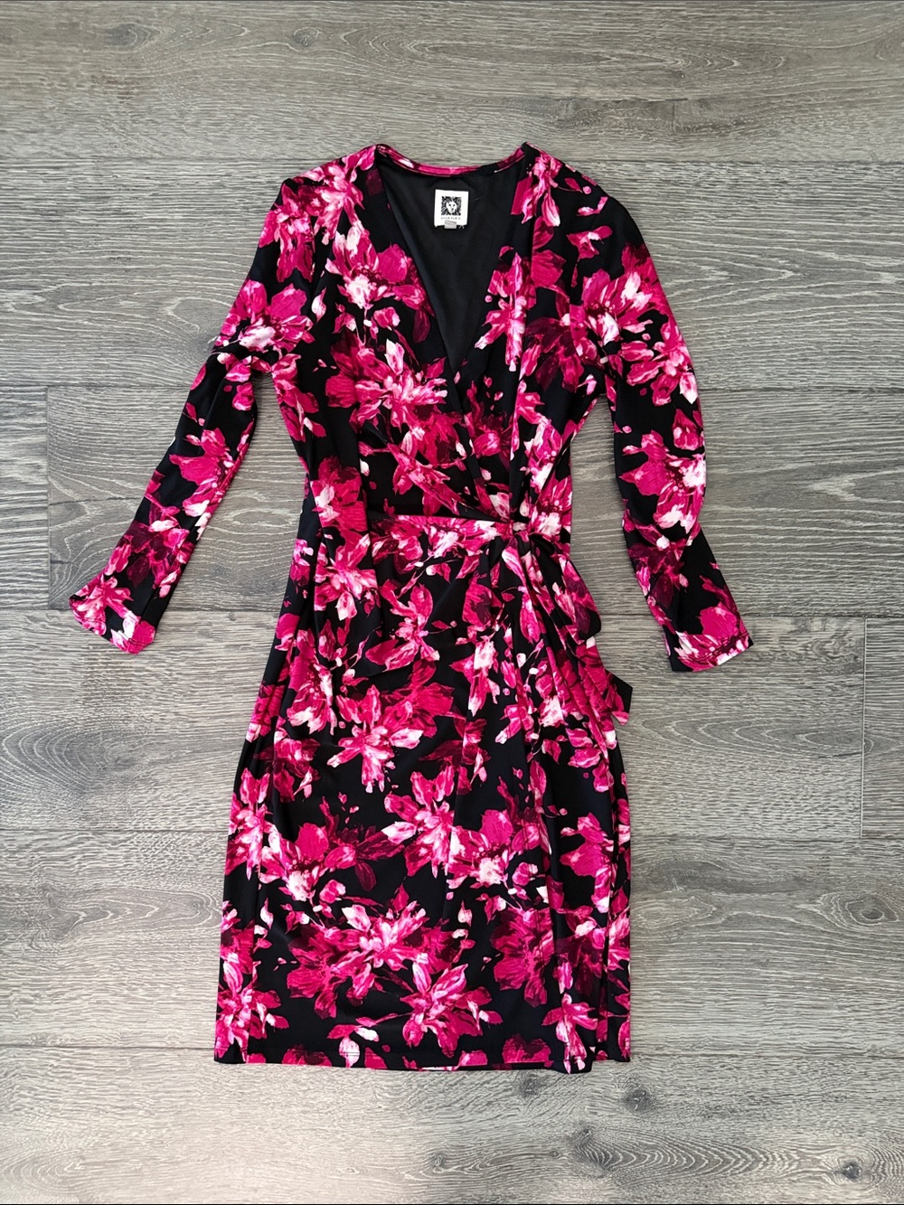 Anne Klein Black Wrap Dress with Fuchsia Floral Print